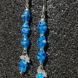 Hand Crafted Azure Sapphire/Blue Silver Wire Wrapped Beaded Earrings